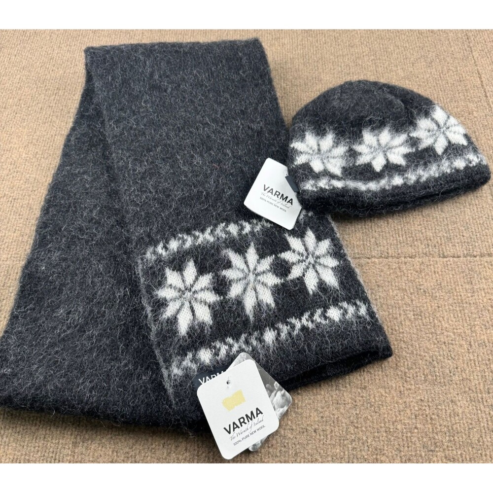 Varma Of Iceland 100% Wool Hat And Scarf 75" Set Snowflake Pattern NEW